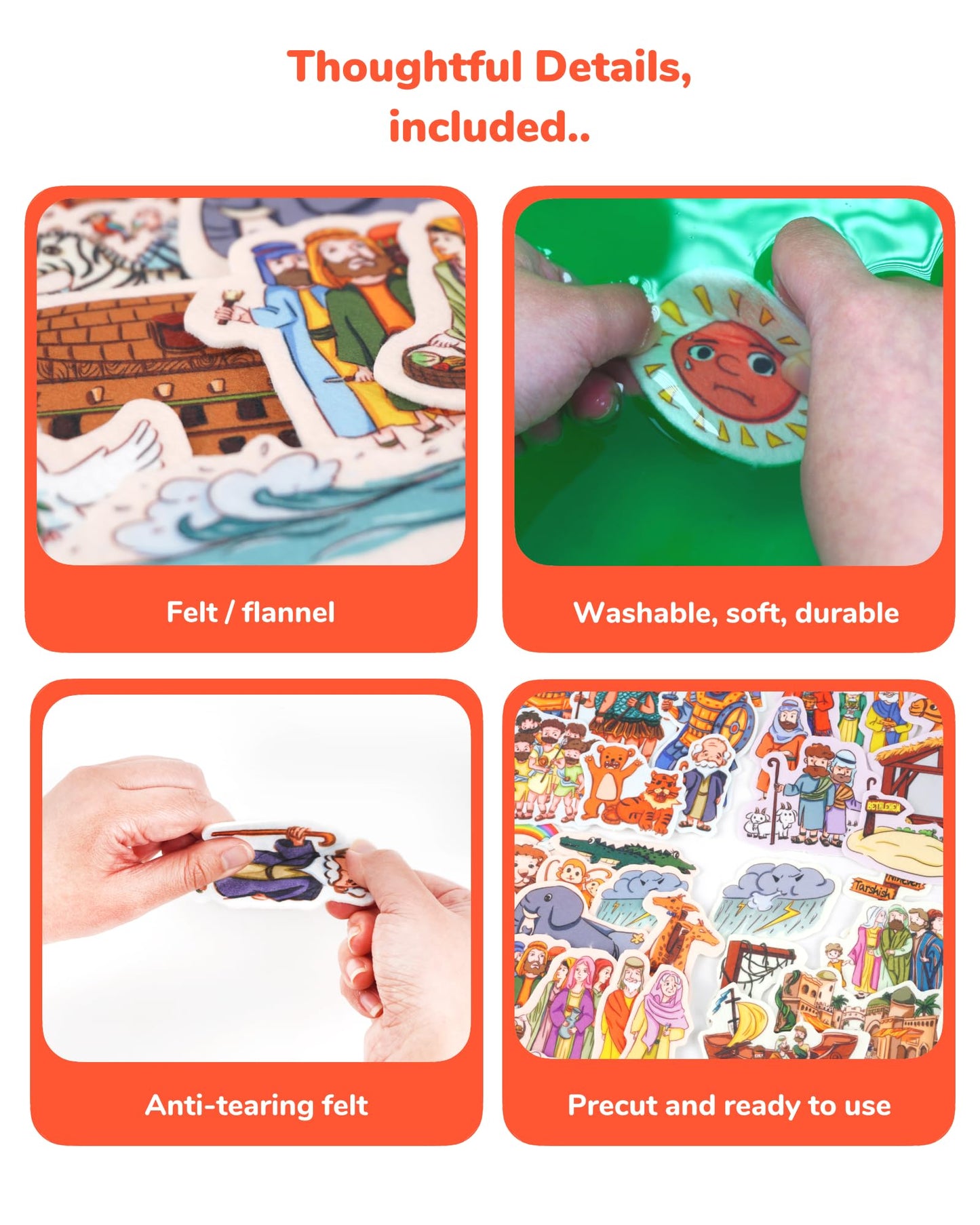 CHEFAN 4 Pack Felt Board Bible Stories Set, Flannel Board Stories Include Noah's Ark, Jonah and The Whale, David and Goliath, The Nativity of Jesus, 50 pcs Precut Flannel Graph Bible Toys for Kids