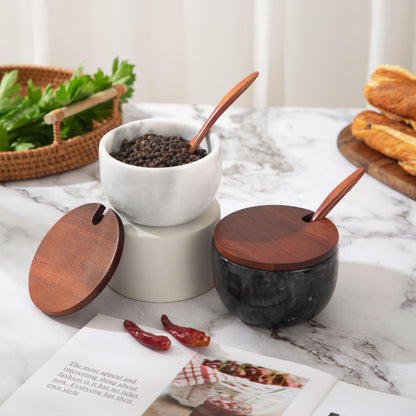 NHKRTE 18-Ounce Marble Spice Jar with Lid and Spoon, Black and White Set
