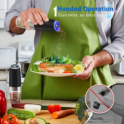Gravity Electric Salt and Pepper Grinder Set, Battery Powered LED Light One Hand Automatic Operation, Adjustable Coarseness Mill Grinders Shakers Black (A.Black 2p)
