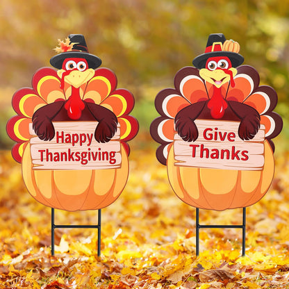 Whaline 2 Pack Fall Thanksgiving Metal Decorative Garden Stake Turkey Pumpkin Welcome Harvest Yard Sign Waterproof for Home Garden Yard Lawn Patio Backyard Walkway Decorations