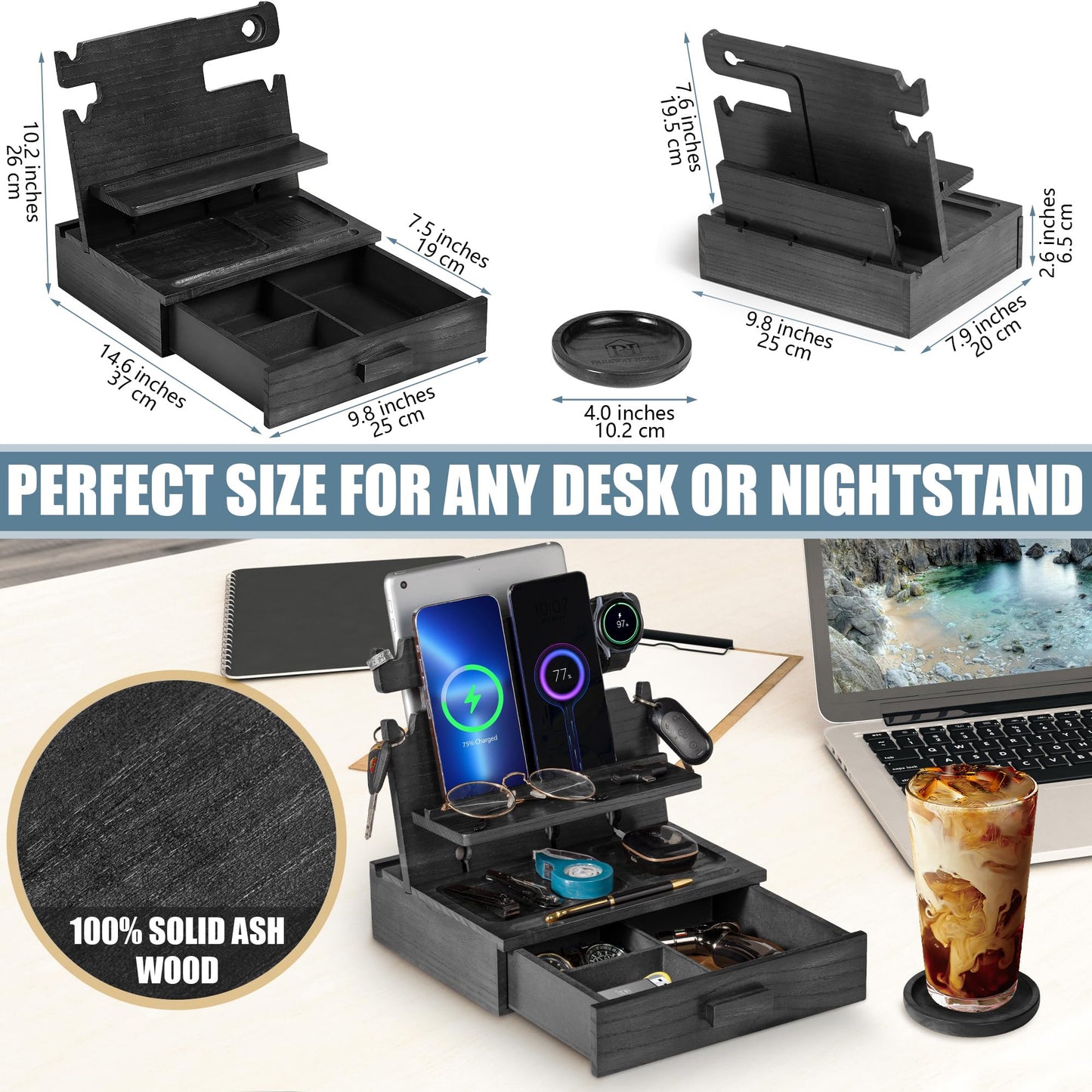 Black Wood Phone Docking Station for up to 3 Phones - Nightstand Organizer for Men & Women, Compatible with Apple Watch, Holds Phones, Tablets, Keys, Rings, Glasses, Watches, EDC & More