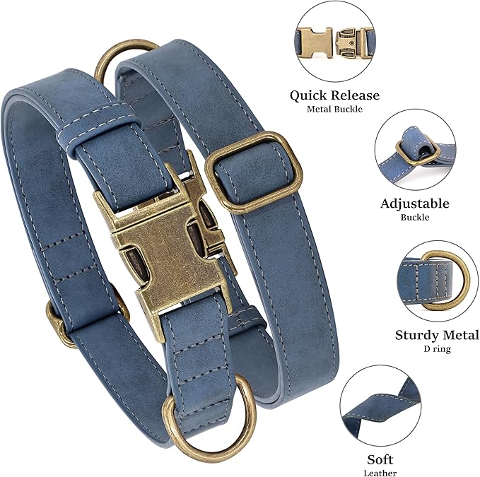 Didog Soft PU Leather Dog Collar, Stylish Quick Released Dog Collars for Large Dogs, Easy Clean Adjustable Pet Collar for Daily Walking, Blue, XL Fit 20-26" Neck