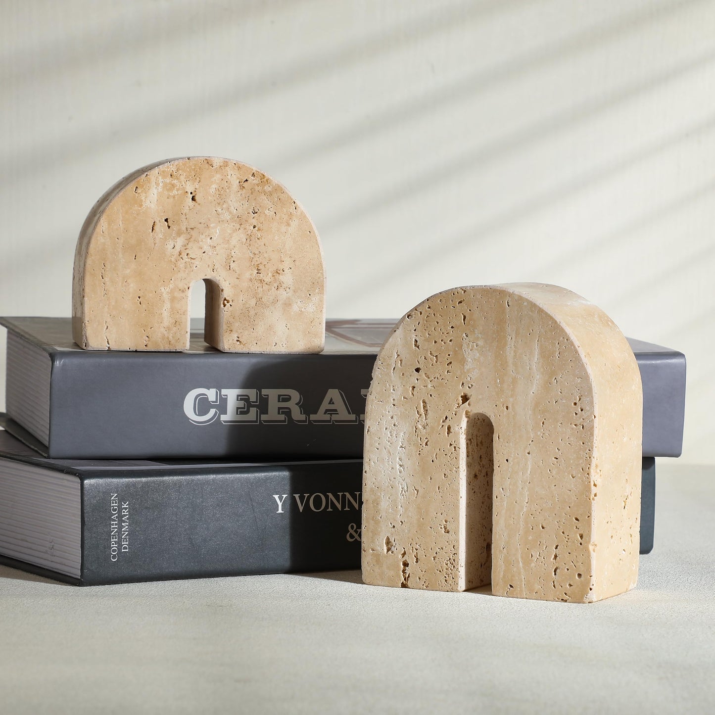 Newtay 2 Pcs Marble Bookends for Shelves 5 Inch and 3 Inch Natural Travertine Book Ends Decorative Stone Bookends Heavy Duty Marble Book Holder for Bookshelf Home Decor