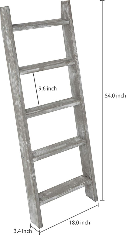 MyGift Large Whitewashed Wood Ladder Blanket Ladder, Farmhouse Style Wall Leaning Towel Rack with 5 Rungs (Graywashed)