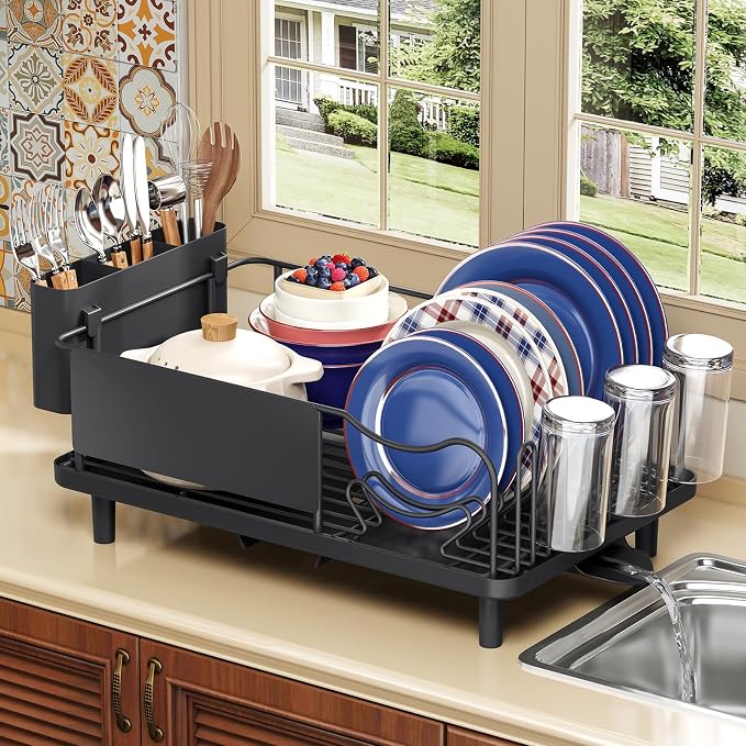 Stainless Steel Dish Drying Rack - Large Capacity Dish Rack for Kitchen Counter with Drain Board, Rustproof Dish Drainer with Drain Spout, Utensil Holder & Glass Holder, Dinnerware Organizer, Black