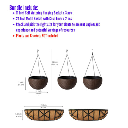 LaLaGreen Bundle- 2 Pack, 24 Inch Metal Planter with Coco Liner + 3 Pack, 11 Inch Self Watering Hanging Basket Plastic Flower Pot with Chain Outdoor Wall Mounted Balcony Fence Patio Porch Modern Decor