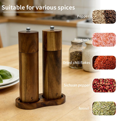 Amestar 8 Inch Acacia Wooden Salt and Pepper Grinder Set, Refillable Salt and Pepper Mills Adjustable Coarseness, Salt and Pepper Shakers Matching Wooden Tray, Spice Grinder for Kitchen