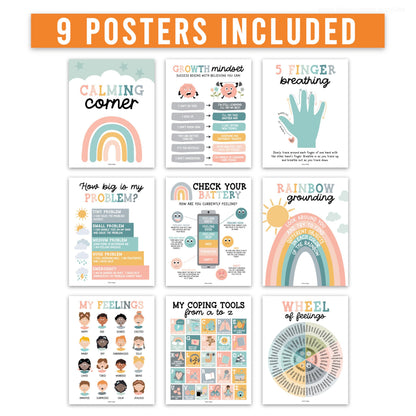 Hadley Designs 9 Calming Corner Posters for Classroom Must Haves - Calm Down Corner Supplies with Emotions Chart, School Counselor Mental Health Poster, Feelings Chart For Kids, Boho Classroom Decor