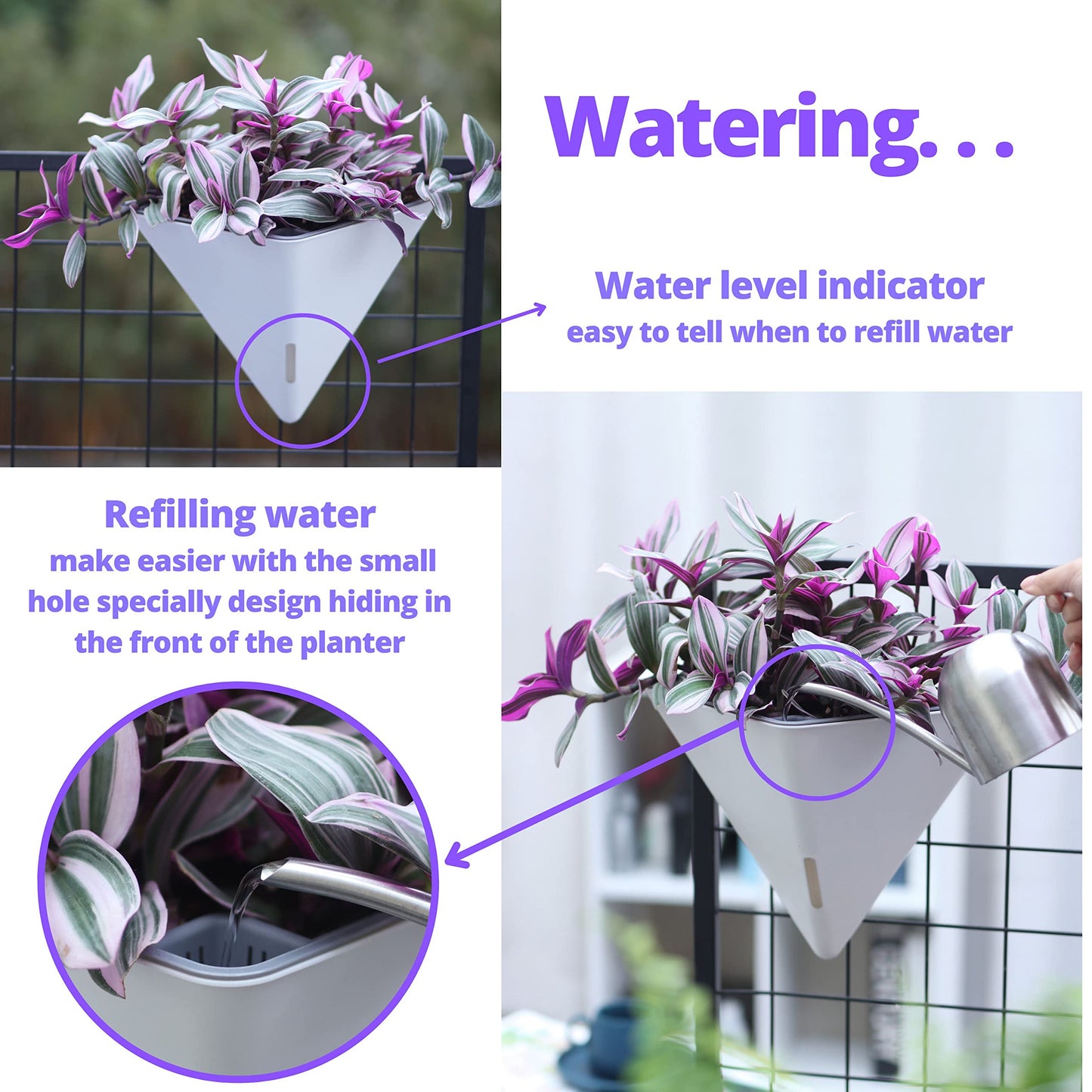 LaLaGreen Bundle- 4 Pack, 12 Inch White Geometric Self Watering Pot + 2 Pack,12 Inch Metal Wire Hanging Basket with Coco Liner Flower Plant Holder Hanger Balcony Patio Deck Modern Stylish Garden Decor
