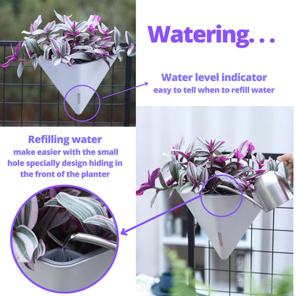 LaLaGreen Bundle- 4 Pack, 12 Inch Large White Self Watering Pot + 2 Pack, 16 Inch Metal Basket with Coco Liner Horse Trough Wall Rail Window Patio Porch Flower Box Geometric Hanging Indoor Vase Decor