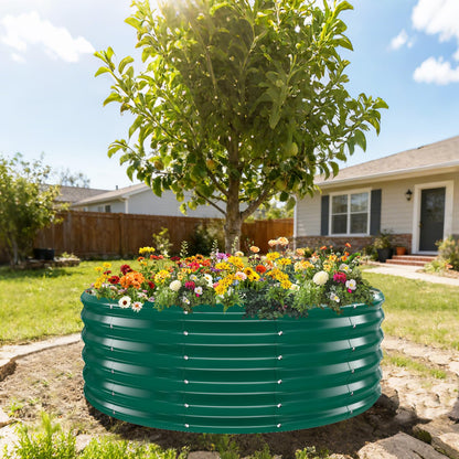 YSEJOMP 17" Tall Round Outdoor Garden Raised Garden Bed Kits-0.8MM Thick Metal Raised Planter Bed/Ground Planter Box for Variety of Flowers,Herbs,Vegetables,Trees (Dark Green, 48 Dia X 16.5inches)