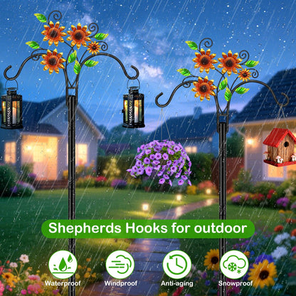 Double Shepherds Hooks for Outdoor, 2 Pack 78 Inch Bird Feeder Pole with 5 Prongs Base, Adjustable Heavy Duty Plant Hangers Sunflower Art for Outdoor Plants Hummingbird Feeder Hanging Basket Lantern