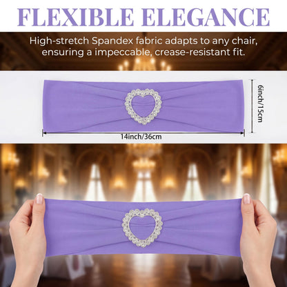Arkrmce 150 Pieces Chair Sashes & Bows - Stretch Spandex Chair Cover Band with Buckle for Wedding, Hotel Banquet, Birthday Party & Home Bulk Decorations (Purple)