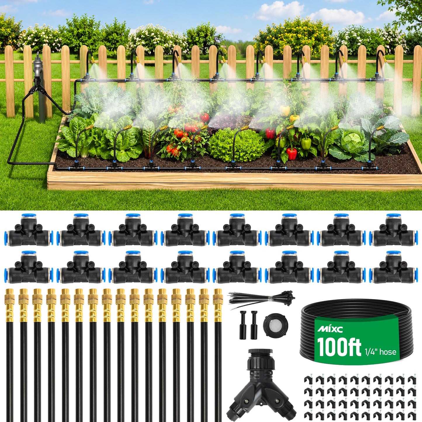 MIXC 1/4" 100Ft Drip Irrigation System for Garden with 16pcs 360°Adjustable Brass Nozzles & Bendable Rod,Upgraded Watering System Kit for Outdoor Plants,Lawn,Raised Bed,Potted Plant,Yard,Greenhouse