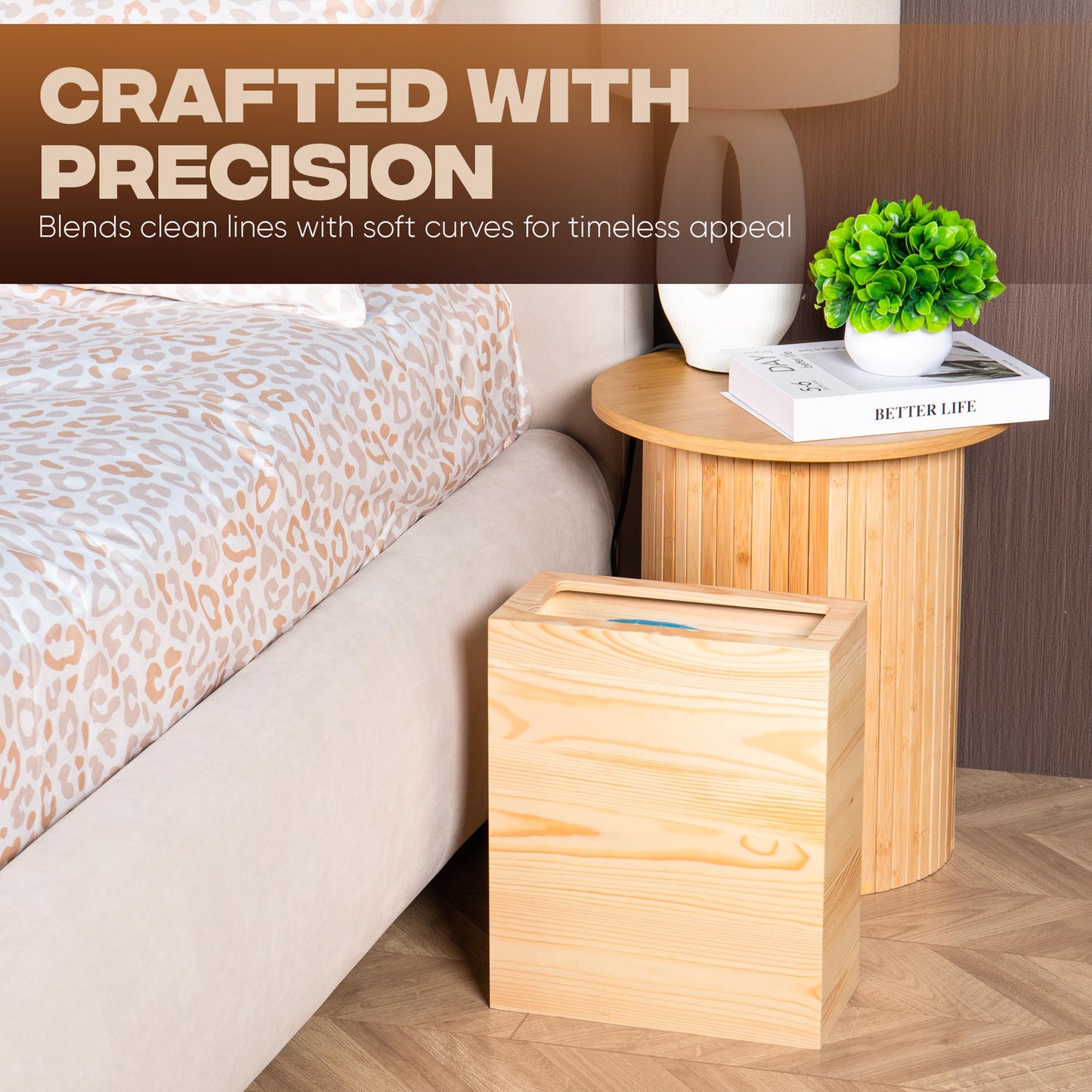 pamoak 2.3 Gallons Rectangular Wooden Trash Can | Trash Can with Bin Liners | Decorative Waste Basket | Recycling Bin for Bathroom | Natural Wood Finish Basket for Kitchen | Paper Basket for Office
