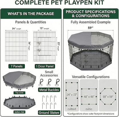 PJYuCien Dog Playpen with Top Cover and Bottom Pad - Metal Foldable Exercise Pen, 8 Panels 36" H x 24" W Indoor Outdoor Pet Fence Puppy Crate Kennel, Gray