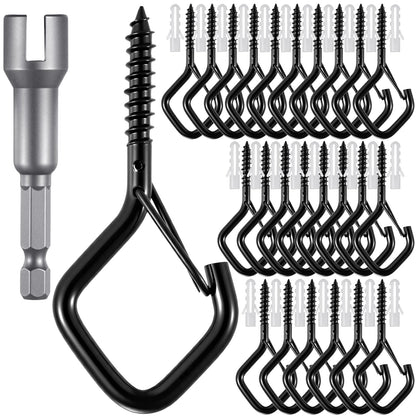 50 Pcs Heavy Duty Screw Hooks with Safety Buckle, Metal Hanging Hooks for Plants Outdoor String Lights Wind Chimes Bird Feeders, Indoor Outdoor, Includes Wing Nut Driver, 2.36 Inch