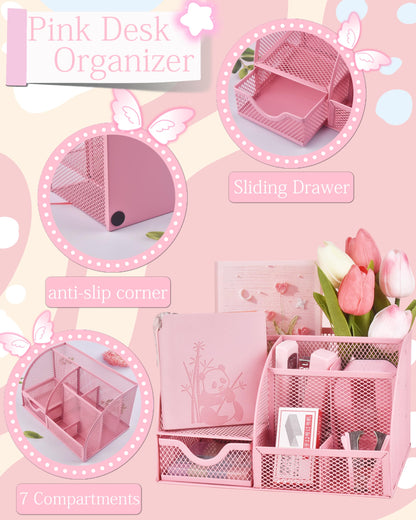 23pc Pink Desk Accessories and Organizers with Mesh Organizer Stapler Tape Dispenser Calculator and a Lot of Office Pink Office Supplies Beautifully Presented in a Gift Box
