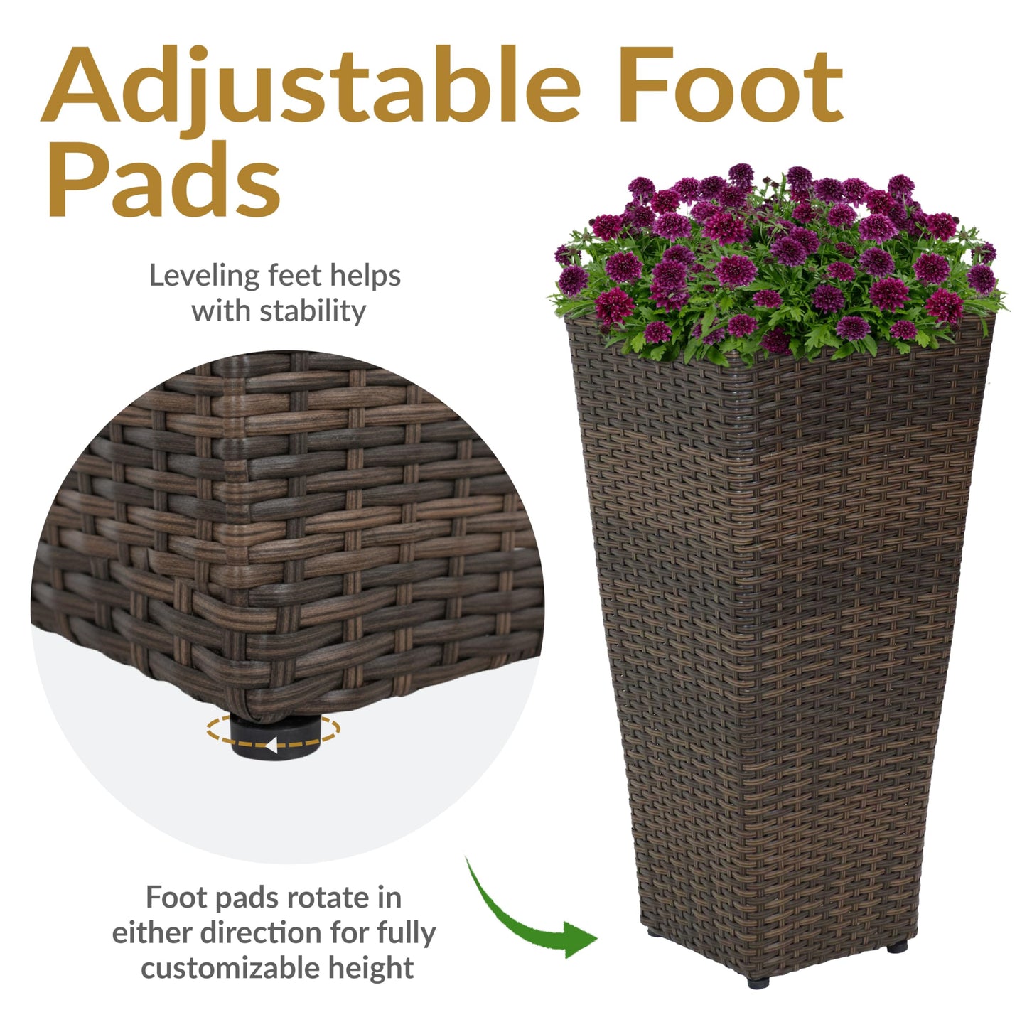 Sunnydaze Square Tall Wicker Outdoor Planter Set of 2 - Polyrattan Large Outdoor Planters for Porch, Patio or Garden - 24" Tall Plant Pots - Brown