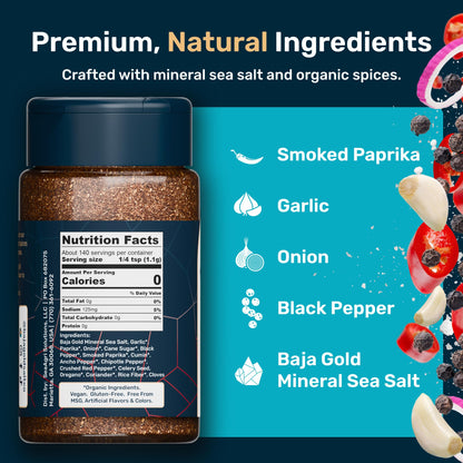 Baja Gold BBQ Seasoning, Smoky Barbecue Rub Blend with Paprika Cane Sugar Black Pepper and Mineral Sea Salt, for Ribs Chicken Pork and Burgers, All Purpose Seasoning and Meat Rub, 5.4 Oz