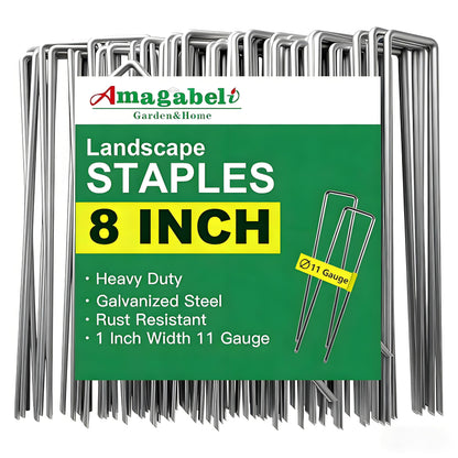 AMAGABELI 8 Inch 200 Pack Galvanized Landscape Staples 11 Gauge Anti-Rust Heavy Duty Garden Stakes Plant Cover Spikes U-Shaped Sod Pins Fence Stakes for Weed Barrier,Irrigation Tubing,Lawns,Decoration