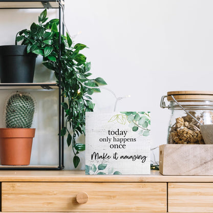 ANIANG Inspirational Wooden Box Sign, Motivational Desk Decor, Rustic Modern Farmhouse Decor, Today Only Happens Once Make It Amazing Wood Block Box Sign Plaque for Office Home Shelf