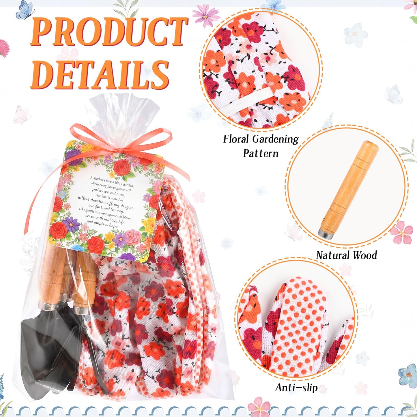 Cuffbow 3 Set Mother's Day Gardening Gifts Floral Gardening Gloves, Garden Shovel, Mini Garden Tools with Mother's Day Cards and Bags for Mom Grandma Birthday Gift (Classic)