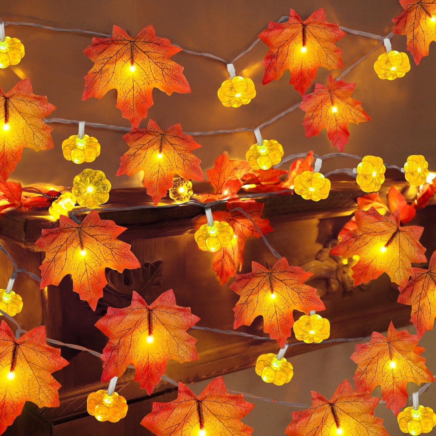 2 Pack & Timer - Fall Garland with Pumpkin Lights Fall Decorations for Home Total 60LED 20Ft Enlarged Maples Leaves Fall Lights Battery Operated Halloween Thanksgiving Christmas Decor Wedding Party