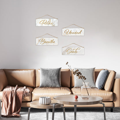 4 Pcs Rustic Marble Style Wall Decor, Soak Relax Unwind Breathe Wooden Hanging Sign, Wall Art For Restroom Farmhouse Decorations, A32