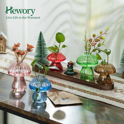 Glass Propagation Station for Plant: Mushroom Planter with Wooden Stand for Home Office Decor - Unique Propagation Jars for Plant Lovers - Set of 5 Hydroponic Mushroom Vases Gift for Mom