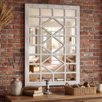 CozyDH Farmhouse Window Pane Mirror Decor - 24x36 inch Retro White Rectangle Wall Mirror Soli Wood Frame, Decorative Wooden Accent Mirror for Entryway, Fireplace, Living Room, Hallway, Dining Room