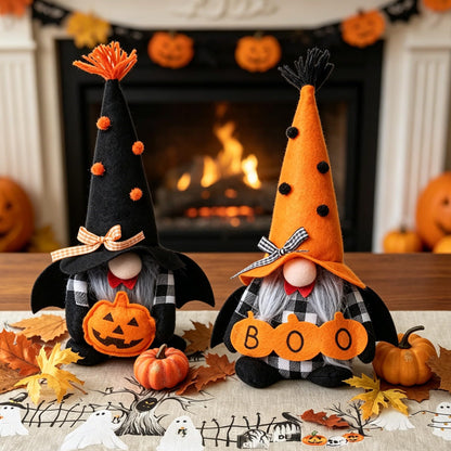 Ni-JASW Halloween Plush Gnomes Set of 2, Spooky Orange Black Bats Boo Swedish Tomte Elf Figurines Tiered Tray Decor