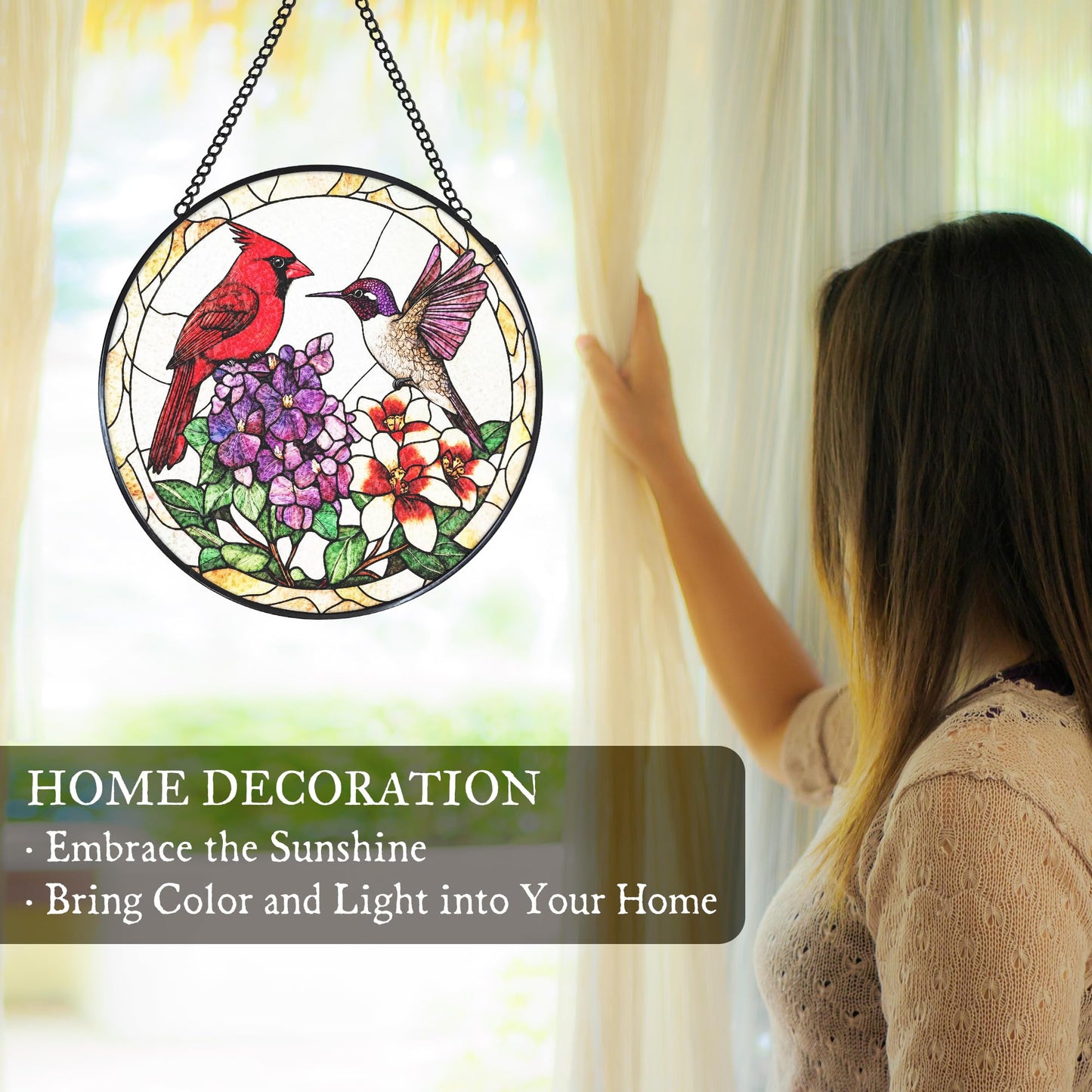 WUHSDIBC Cardinal Hummingbird Stained Glass Window Hanging Suncatcher, Flower Bird Sun Catcher Indoor Window Decor, Birds Lover Gifts Painted Glass Round Wall Hanging Decorations, 7.8x7.8 in