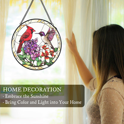 WUHSDIBC Cardinal Hummingbird Stained Glass Window Hanging Suncatcher, Flower Bird Sun Catcher Indoor Window Decor, Birds Lover Gifts Painted Glass Round Wall Hanging Decorations, 7.8x7.8 in