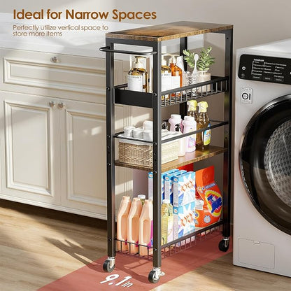 Slim Storage Rolling Cart, 4 Tier Narrow Cart with Wheels, Metal Kitchen Rolling Cart for Small Spaces, Slide Out Storage Shelves for Kitchen, Laundry Room, Bathroom, Living Room, 9.1in(W)