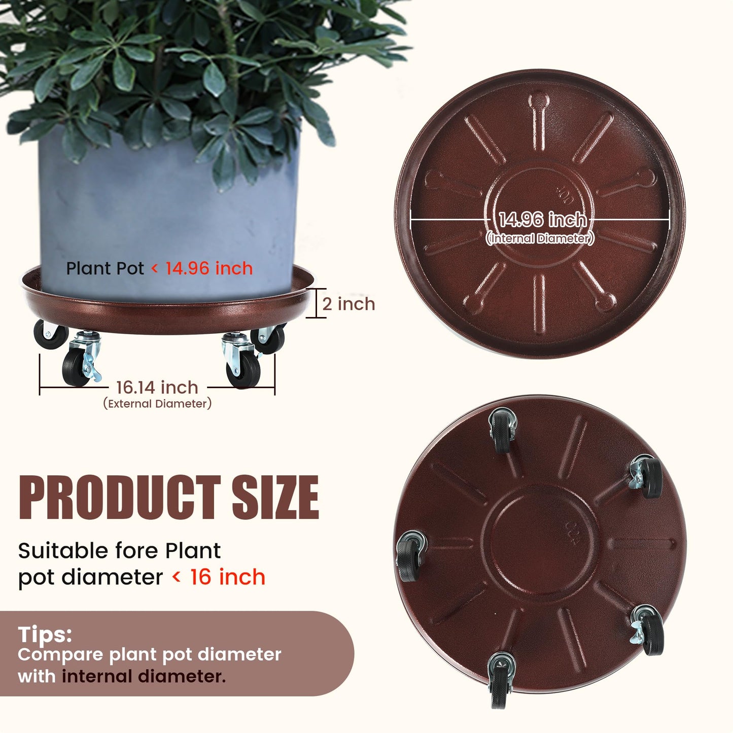 OBMMIRAO 16 Inch Plant Caddy with Wheels Heavy Duty,420 lbs Capacity, 5 Swivel Casters (2 Locking), Steel Rolling Plant Stand, High-Strength Rust-Proof Steel