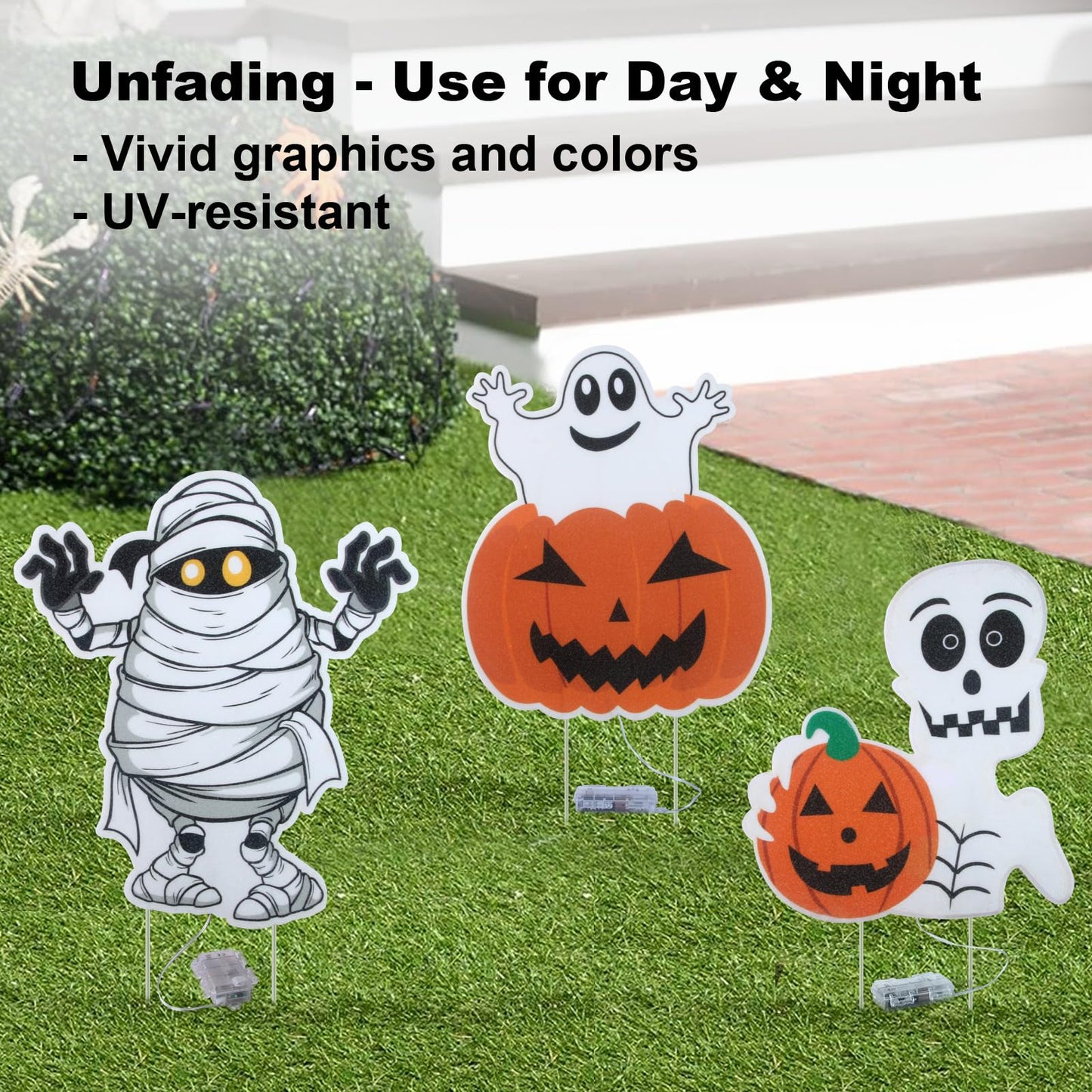Lighted Yard Signs for Halloween Props Yard Stakes Light Up Pumpkin Ghost Yard Sign with Stakes for Halloween Decorations Outdoor Lawn Decor Yard Decorations - 3PCS