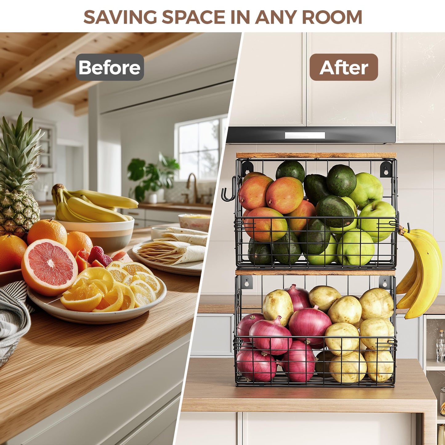 Delamu Stackable Metal Fruit Basket with Wood Lid 2 Pack, Hanging Wall Organizer for Kitchen Counter, Pantry Storage for Onions, Potatoes, Garlic, Fruits, Spices, Black