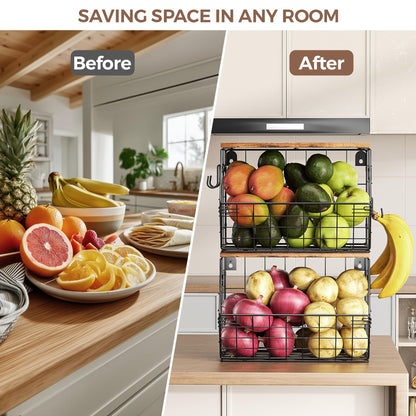 Delamu Stackable Metal Fruit Basket with Wood Lid 2 Pack, Hanging Wall Organizer for Kitchen Counter, Pantry Storage for Onions, Potatoes, Garlic, Fruits, Spices, Black