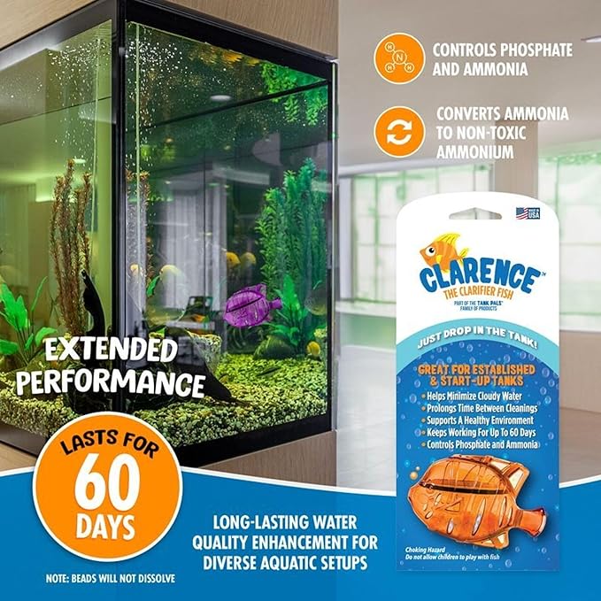 Clarence the Clarifier Fish - 2 pk, Orange - Aquarium Treatment, Clear Cloudy Fresh-Saltwater, Fish-Plant Safe, 10gal Tank Maintenance Each