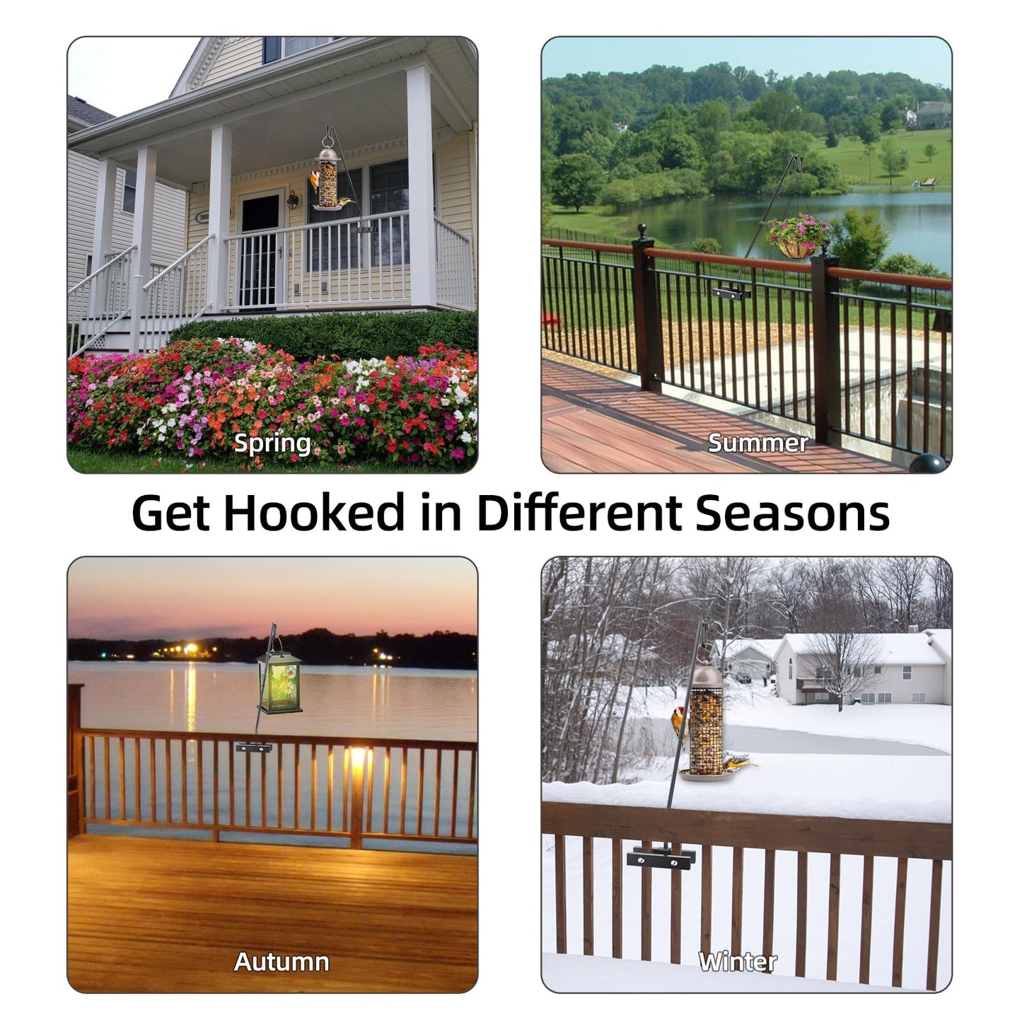 Monalife Deck Hook Railing Mount - Heavy Duty Metal Shepherds Hook Bracket for Outdoor Plant Hanger, Bird Feeder Hanger, Plant Hooks, Flower Baskets, Lanterns - 360° Rotating Pole, Extended Arm