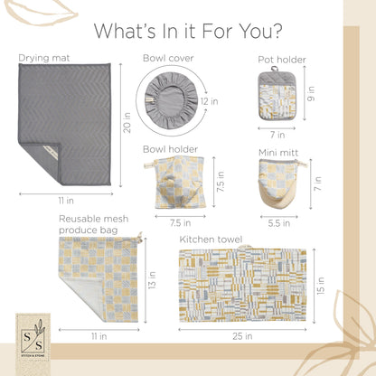 Stitch & Stone Welcome Home Kitchen Set - Multi Use with Quilted Pot Holder, Mitt, & Bowl Trivet, Cotton Kitchen Towel, Mat for Dish Drying, Hanging Towel, & Bowl Cover - Grey and Mustard Line
