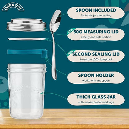 Overnight Oats Jar with Spoon & Stainless Steel Lid - 16oz Leakproof Glass Oatmeal Container for Meal Prep & Yogurt - Easy to Clean Breakfast Cup with Measurement Markings On-the-Go - 1 Pack