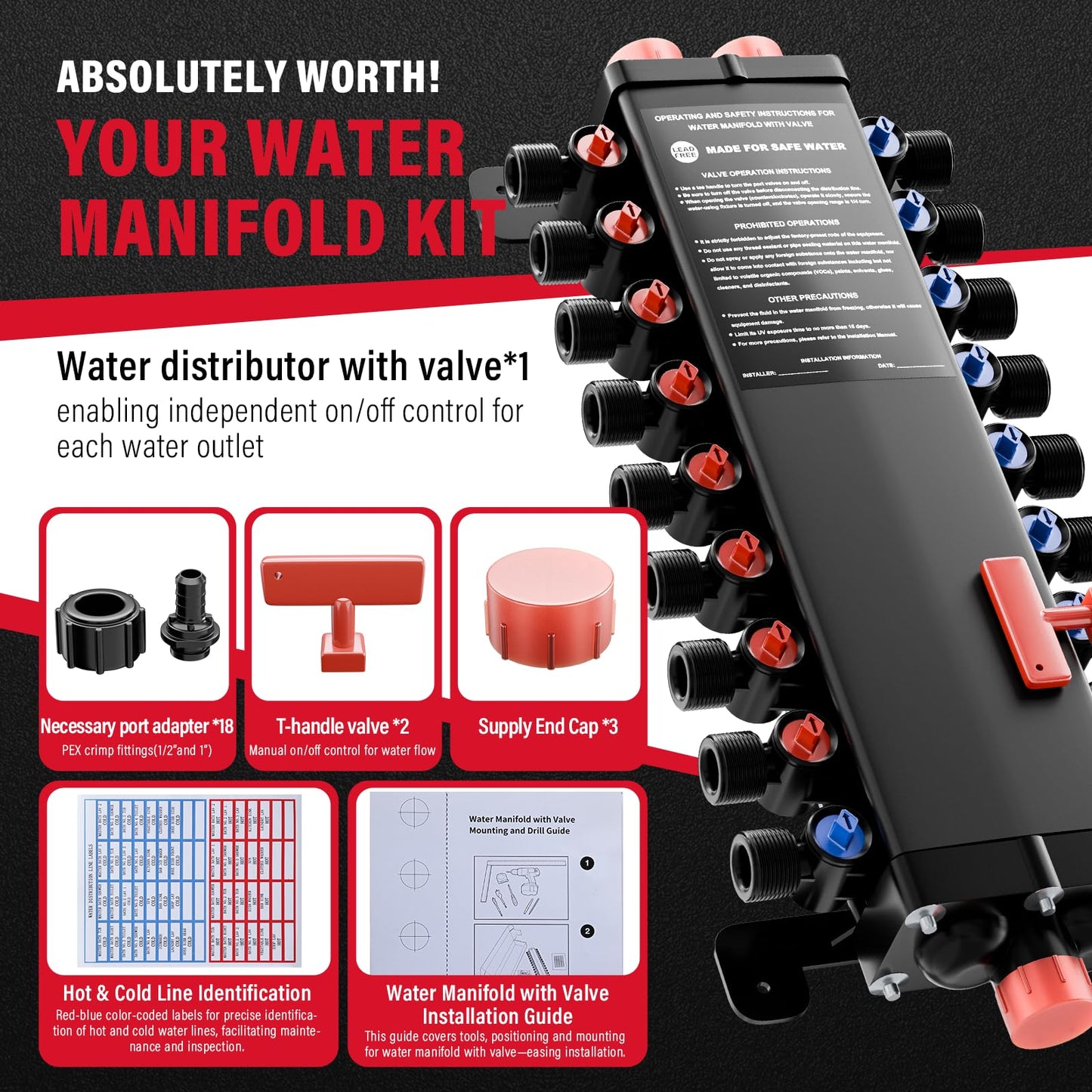 50250 18-Port PEX Manifold | Compatible with viega manabloc | 10 Cold 8 Hot Homerun Water Manifold | 3/4" Inlet 1/2" Zero Lead Alloy PEX Crimp | Quiet Flow & Corrosion Resistant Design