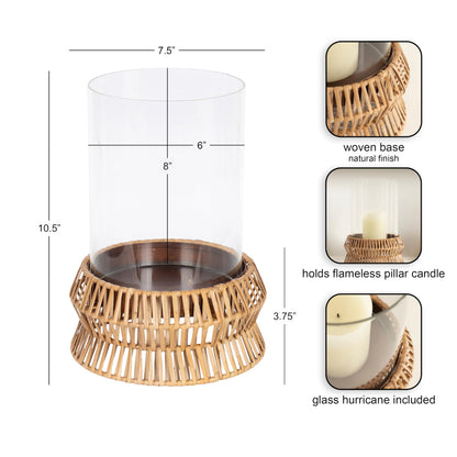 Kate and Laurel Rashana Modern Boho Rattan Pillar Candle Holder, 8 x 8 x 11, Natural, Coastal Hurricane Candle Holder with Glass Cylinder for Living Room Decor