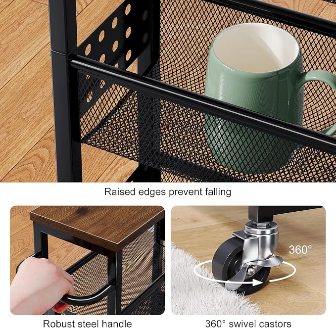 Utility Slim Storage Cart, 4-Tier Narrow Bathroom Organizer and Storage Cart, Metal Narrow Kitchen Laundry Room Organization Rack with Wood Top, Slim Rolling Shelf with Wheels for Small Space