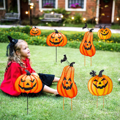 CAMATET Halloween Metal Pumpkin Yard Stakes, Stackable Pumpkin Signs Garden Stake with Witch Door Hanging, Outdoor Halloween Decorations for Lawn Party (Set of 3, Style A)