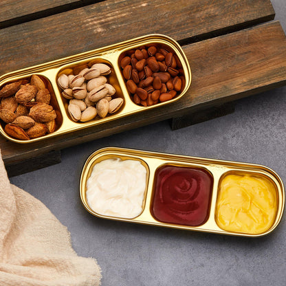 Maxcheck 12 Pcs Soy Sauce Dish Stainless Steel Divided Dip Bowls Korean 3 Compartment Sauce Plate Seasoning Dipping Condiment Tray for BBQ Vinegar Spice Salt Sugar Flavor Home Restaurant (Gold)