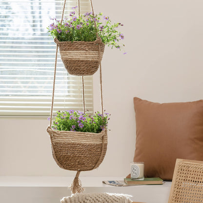 LA JOLIE MUSE Hanging Planter Basket Indoor Outdoor,Natural Seagrass Flower Plant Pots, Beige