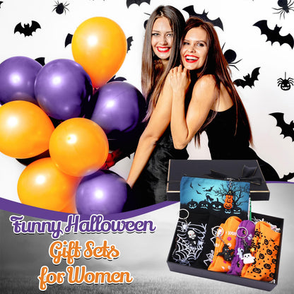Dansydaisy 30 Pcs Halloween Gift Bulk for Women Halloween Spider Webs Makeup Cosmetics Bags and Skeleton Bats Ghosts Pendant Ornament Keychains Pumpkin Socks Gothic Gift for Trick or Treat Party Favor